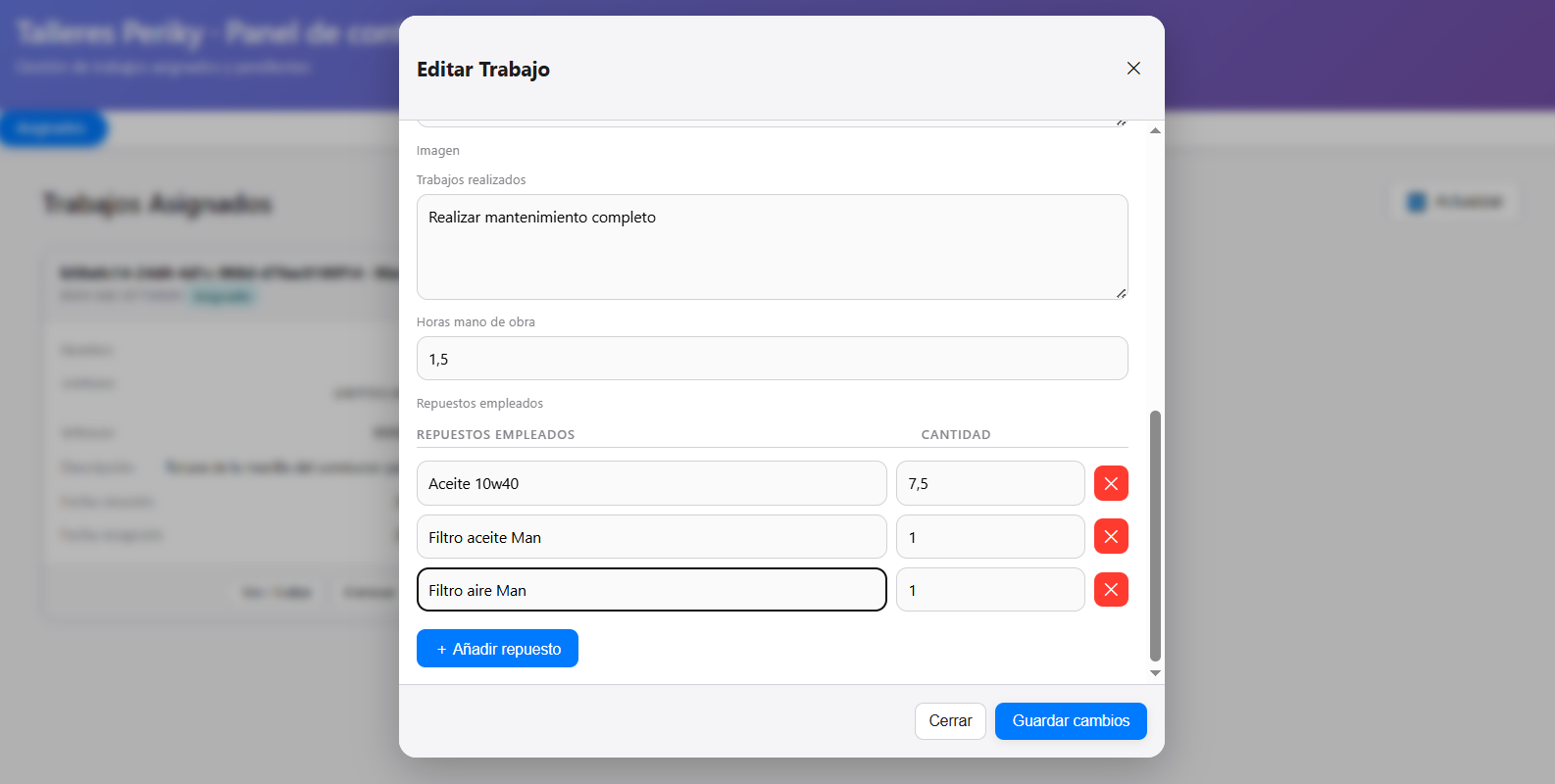Formulario de edición de trabajo